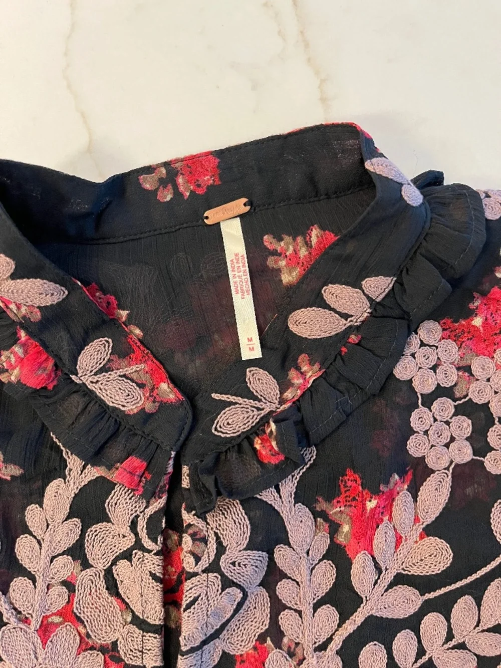 Free People Sheer Black Boho Shirt with Embroidery